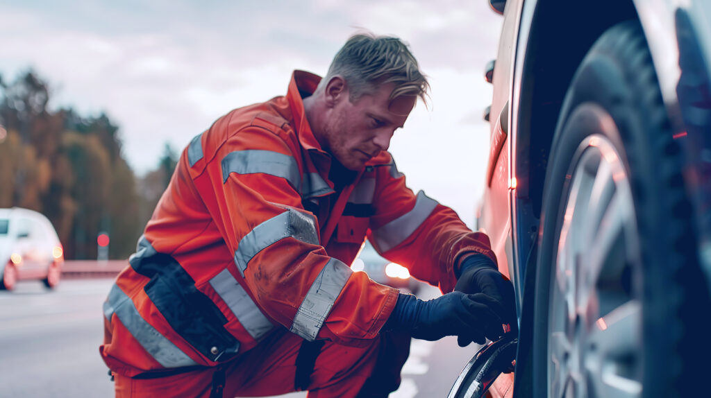 Handsome road assistance worker in uniform changing car wheel on the highway. copy space for text.